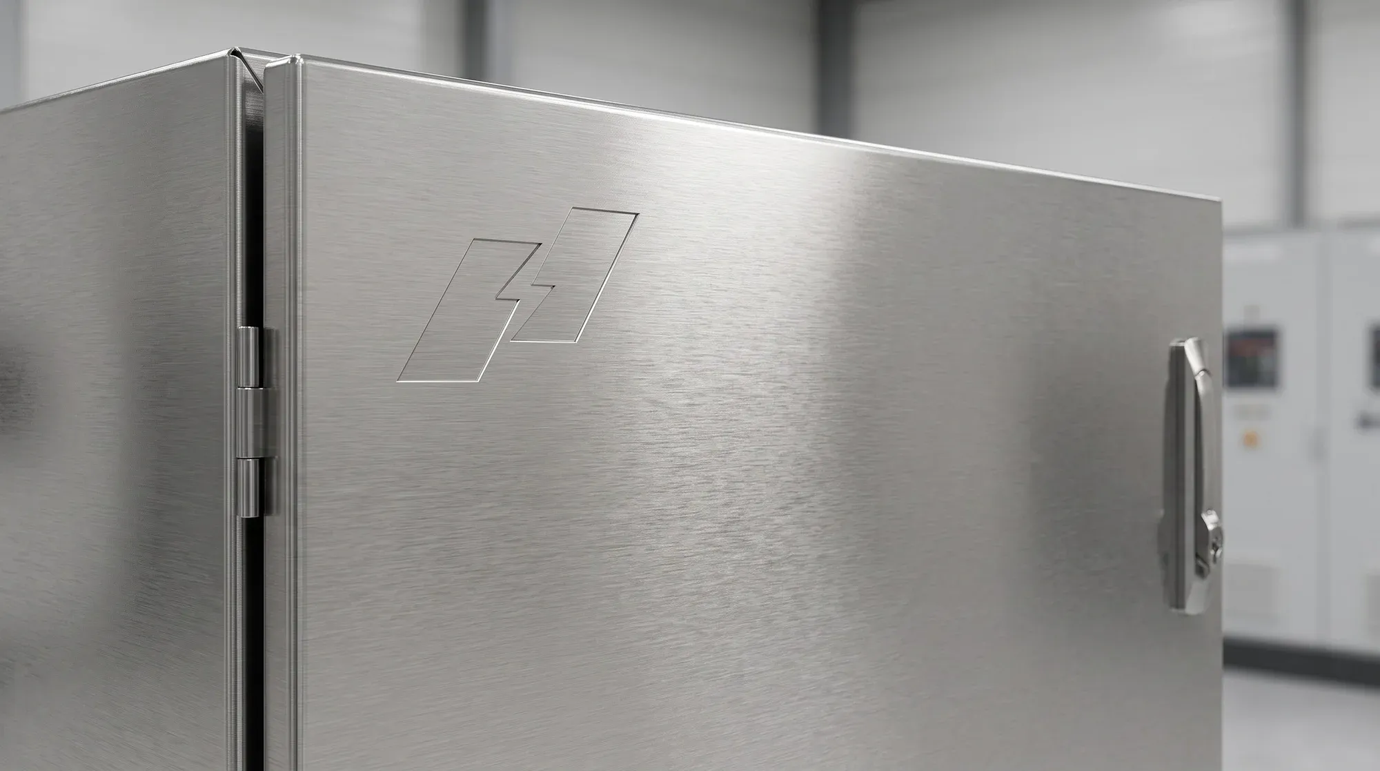 The symbol relief-cut into a brushed steel switchgear door