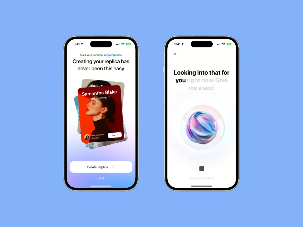 MindNet app: the Create Replica start screen next to the voice orb in its thinking state