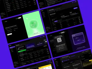 Dark screens from an AI recruiting web app on a purple background: onboarding, billing, a dashboard and call analysis.