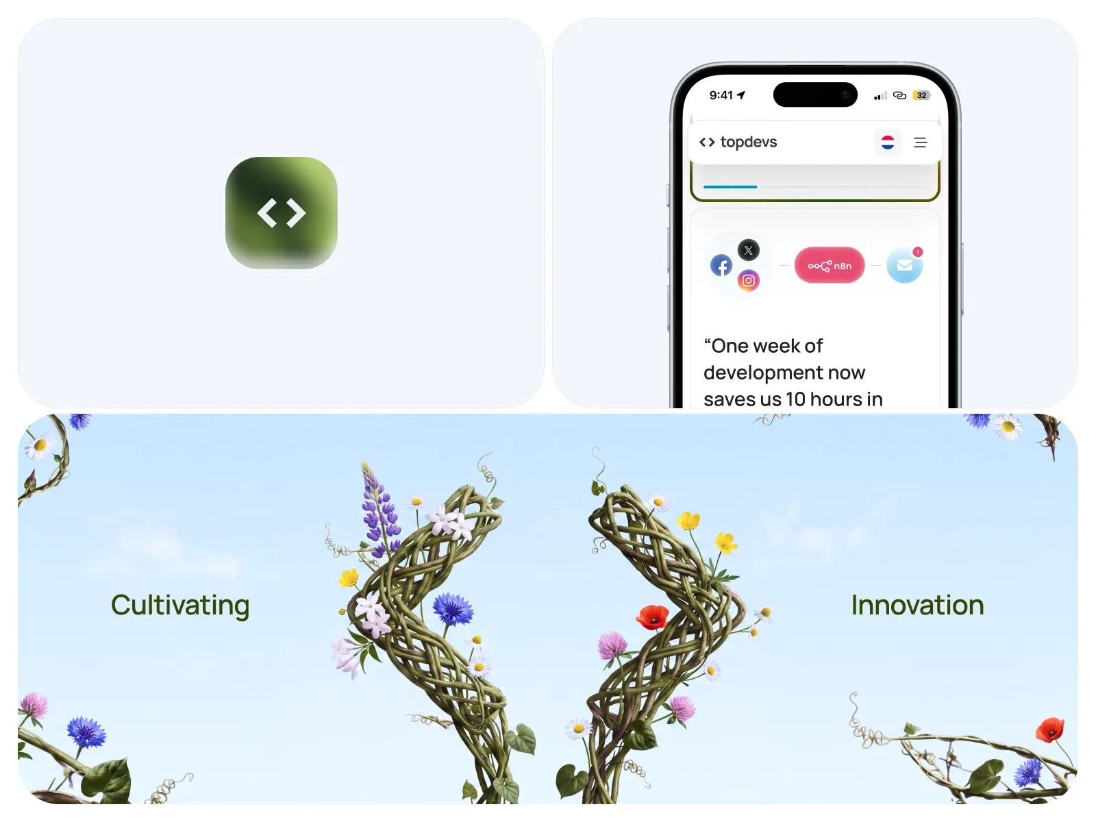 Topdevs visual identity: the app icon, a mobile screen and the code brackets grown from vines and wildflowers