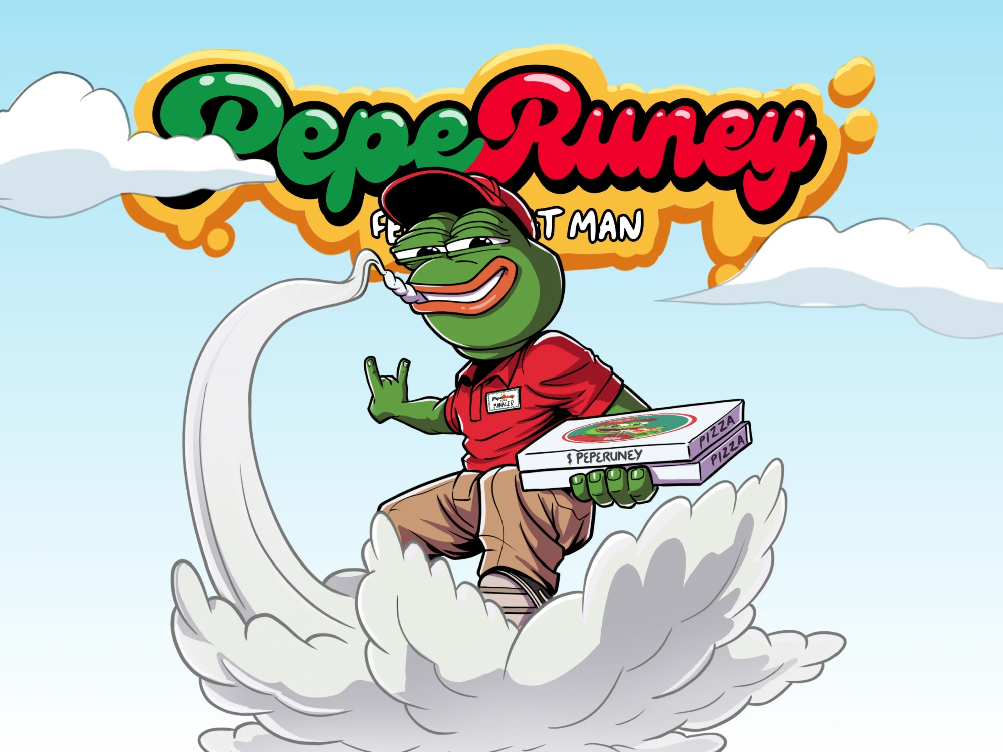 PepeRuney meme coin: an illustrated frog pizza manager riding a cloud with 2 pizza boxes