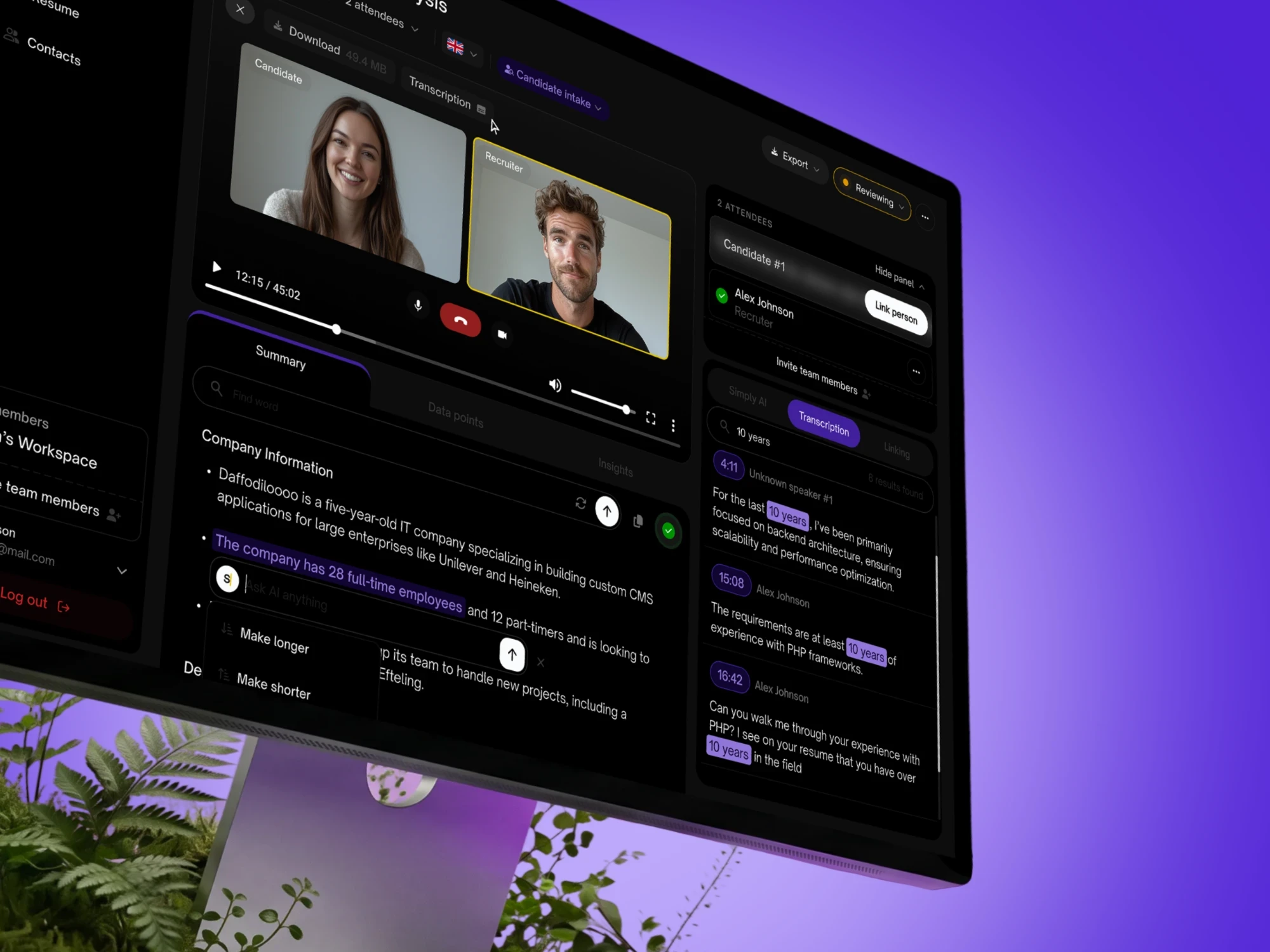 Simply, an AI recruiting dashboard with a candidate call and live transcription